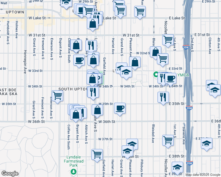 map of restaurants, bars, coffee shops, grocery stores, and more near 516 West 34th Street in Minneapolis