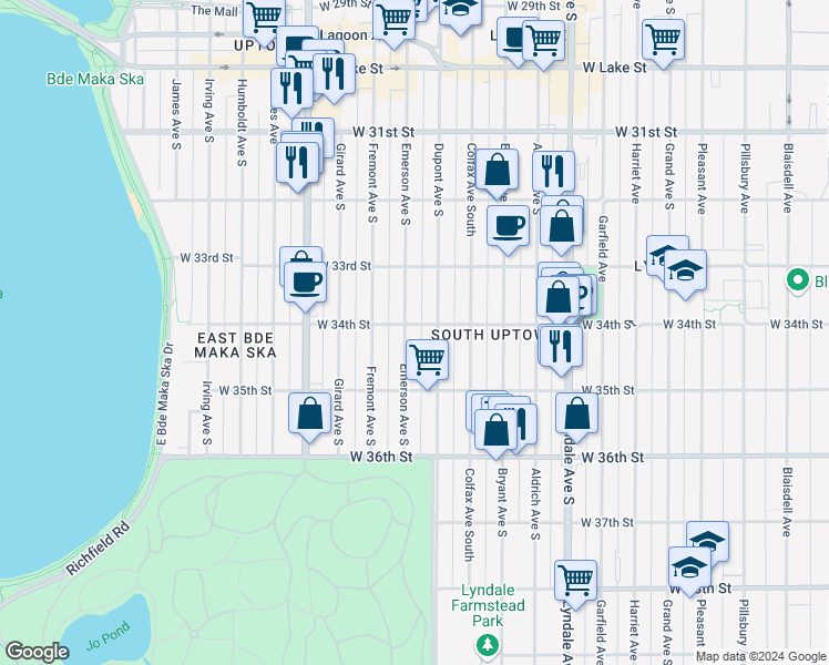 map of restaurants, bars, coffee shops, grocery stores, and more near 3345 Emerson Avenue South in Minneapolis