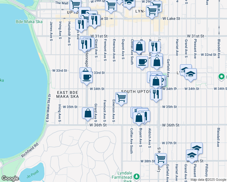 map of restaurants, bars, coffee shops, grocery stores, and more near 3345 Emerson Avenue South in Minneapolis