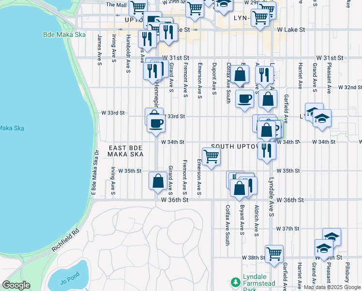 map of restaurants, bars, coffee shops, grocery stores, and more near 3349 Fremont Avenue South in Minneapolis