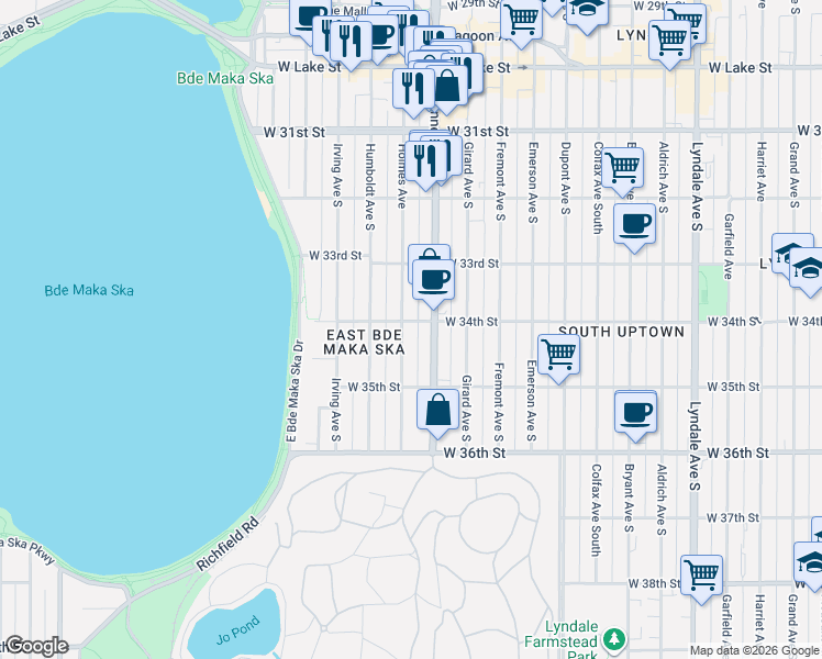 map of restaurants, bars, coffee shops, grocery stores, and more near 3346 Holmes Avenue in Minneapolis