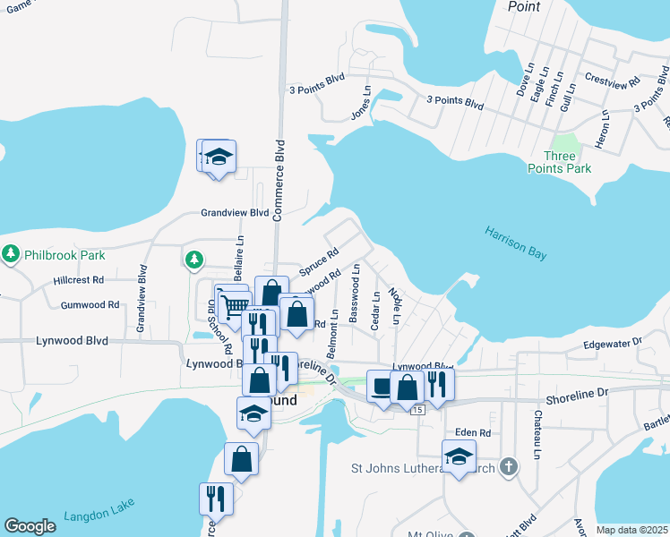 map of restaurants, bars, coffee shops, grocery stores, and more near 5505 Spruce Road in Mound
