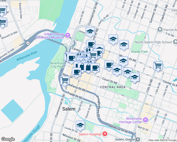 map of restaurants, bars, coffee shops, grocery stores, and more near 234 Liberty Street Southeast in Salem