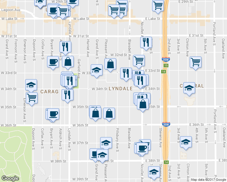 map of restaurants, bars, coffee shops, grocery stores, and more near 211 West 34th Street in Minneapolis