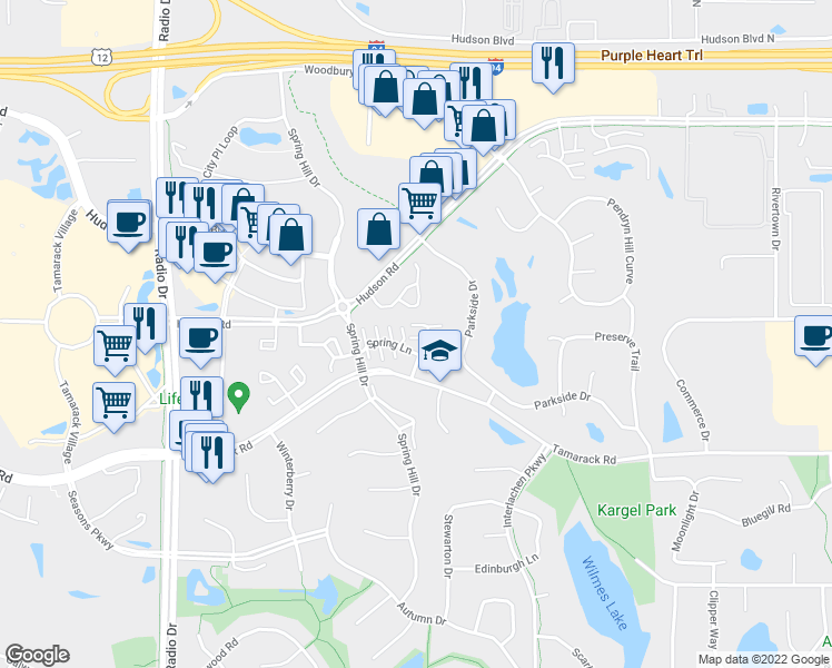 map of restaurants, bars, coffee shops, grocery stores, and more near 8920 Spring Lane in Woodbury
