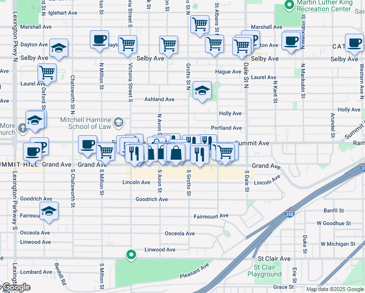 map of restaurants, bars, coffee shops, grocery stores, and more near 755 Summit Avenue in Saint Paul
