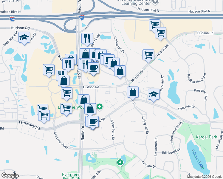 map of restaurants, bars, coffee shops, grocery stores, and more near 8719 Hudson Bay in Woodbury
