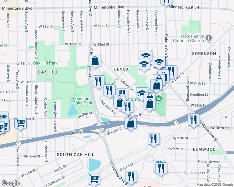 map of restaurants, bars, coffee shops, grocery stores, and more near 3312 Brownlow Avenue in Minneapolis