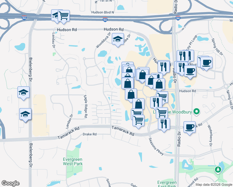 map of restaurants, bars, coffee shops, grocery stores, and more near 547 Woodduck Drive in Woodbury