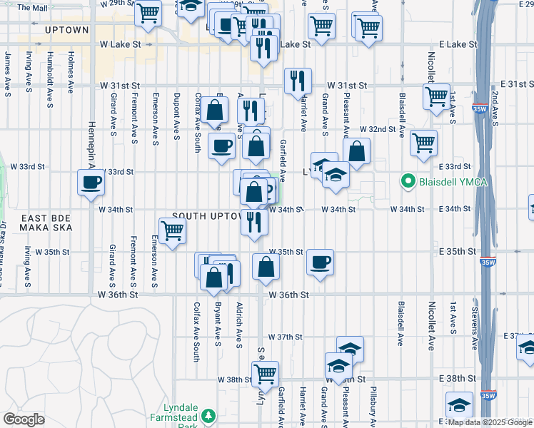 map of restaurants, bars, coffee shops, grocery stores, and more near 3346 Lyndale Avenue South in Minneapolis