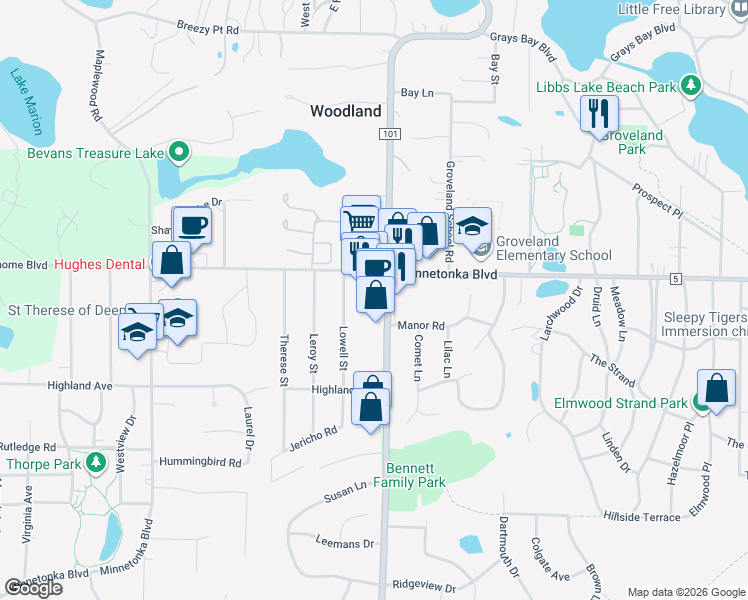 map of restaurants, bars, coffee shops, grocery stores, and more near 3432 County Road 101 in Minnetonka