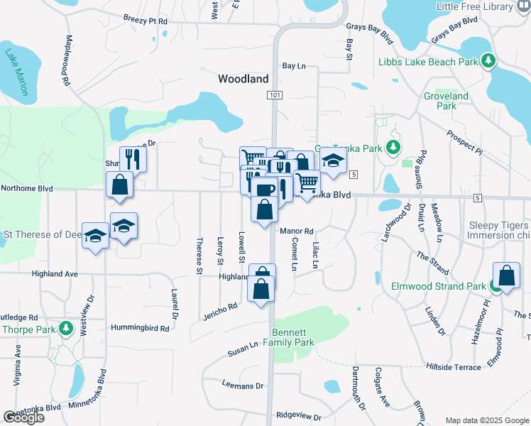 map of restaurants, bars, coffee shops, grocery stores, and more near 3432 County Road 101 in Minnetonka