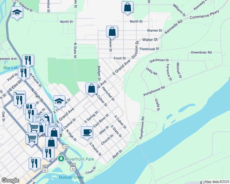 map of restaurants, bars, coffee shops, grocery stores, and more near 720 East Spring Street in Chippewa Falls