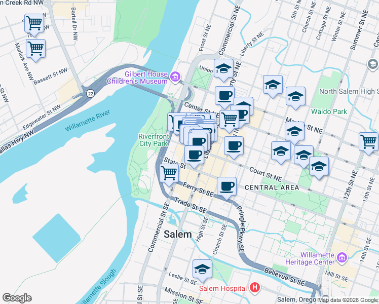 map of restaurants, bars, coffee shops, grocery stores, and more near 343 Court Street Northeast in Salem