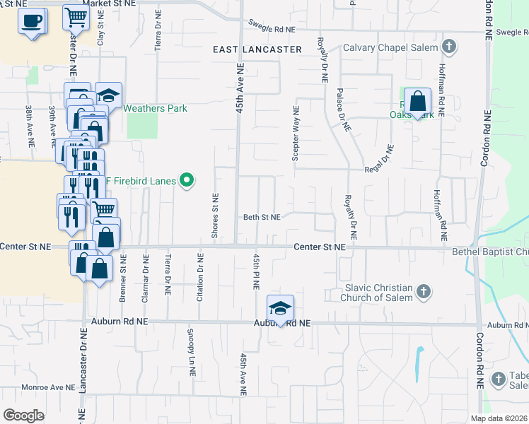 map of restaurants, bars, coffee shops, grocery stores, and more near 838 Ha-Mar Avenue Northeast in Salem
