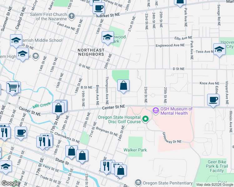 map of restaurants, bars, coffee shops, grocery stores, and more near 693 Catterlin Ave. NE in Salem