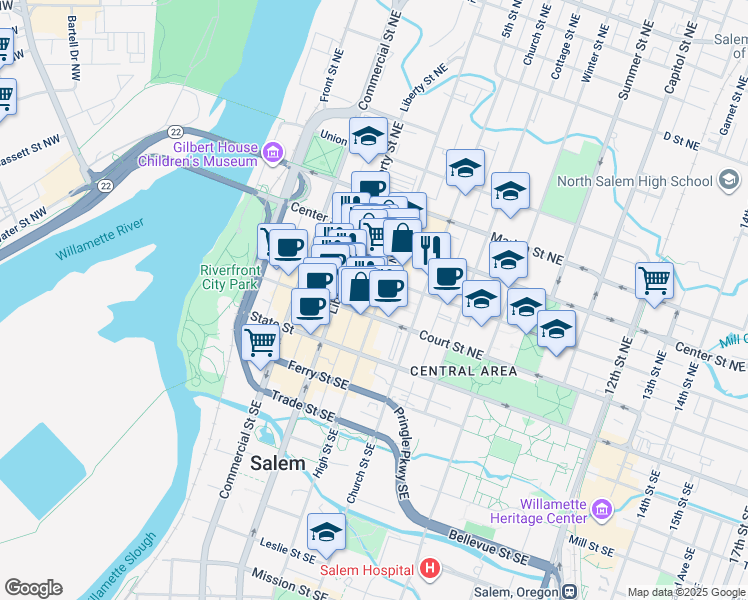 map of restaurants, bars, coffee shops, grocery stores, and more near 555 Court Street Northeast in Salem