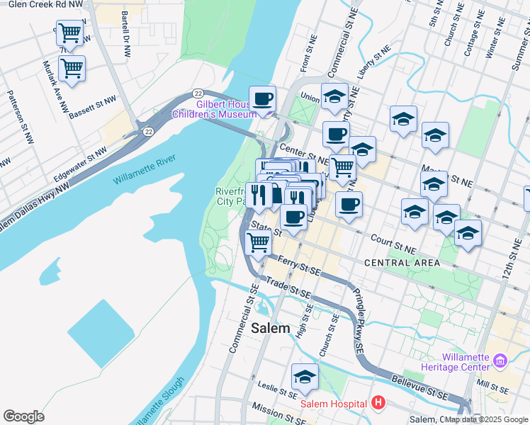 map of restaurants, bars, coffee shops, grocery stores, and more near 280 Court Street Northeast in Salem