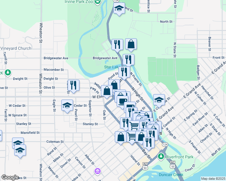map of restaurants, bars, coffee shops, grocery stores, and more near 12 East Elm Street in Chippewa Falls