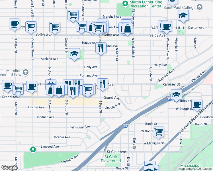 map of restaurants, bars, coffee shops, grocery stores, and more near 615 Summit Avenue in Saint Paul