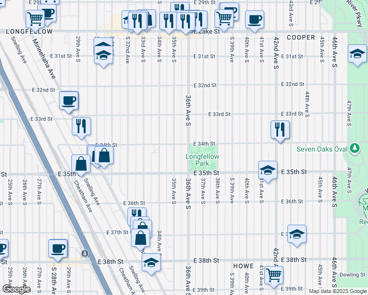 map of restaurants, bars, coffee shops, grocery stores, and more near 3359 36th Avenue South in Minneapolis
