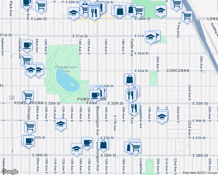 map of restaurants, bars, coffee shops, grocery stores, and more near 1614 East 34th Street in Minneapolis