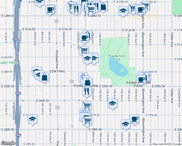 map of restaurants, bars, coffee shops, grocery stores, and more near 8 East 34th Street in Minneapolis