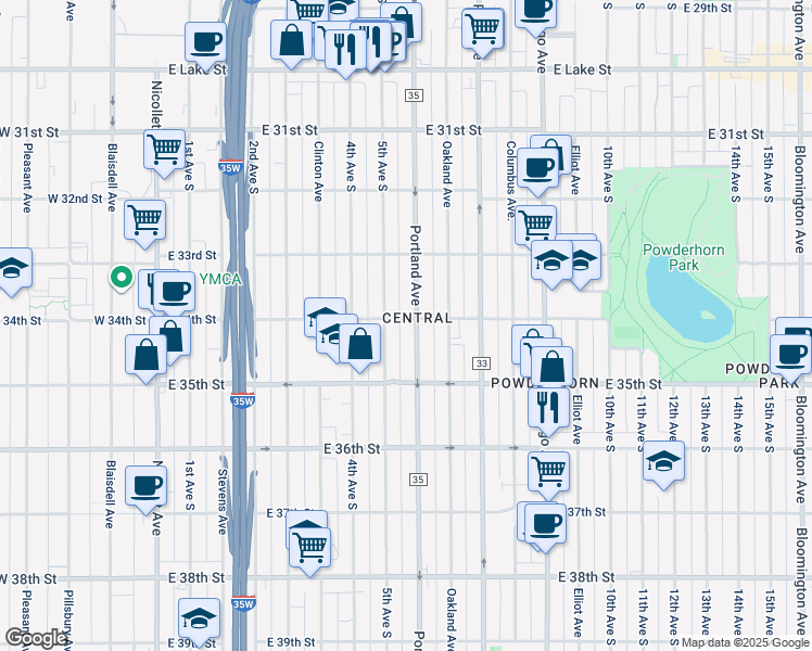 map of restaurants, bars, coffee shops, grocery stores, and more near 510 East 34th Street in Minneapolis