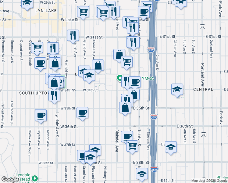 map of restaurants, bars, coffee shops, grocery stores, and more near 116 West 34th Street in Minneapolis