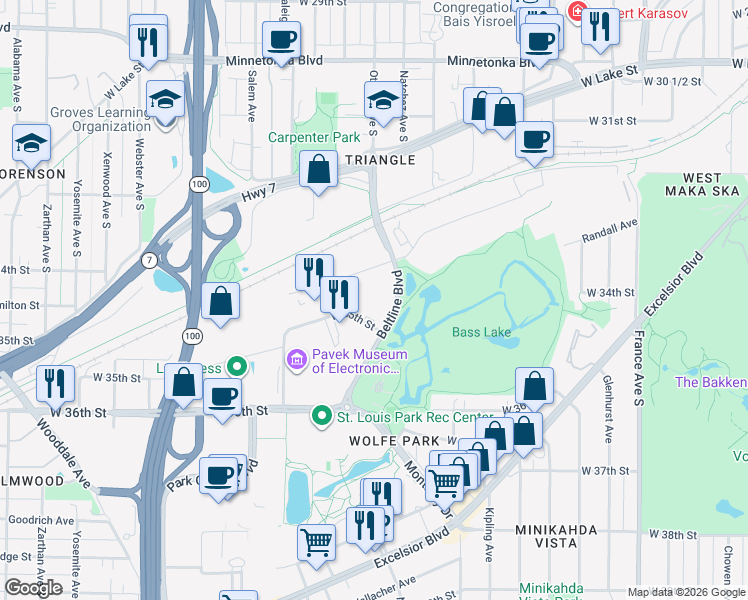 map of restaurants, bars, coffee shops, grocery stores, and more near 4838 W 35th St in Minneapolis