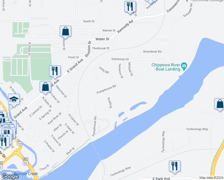 map of restaurants, bars, coffee shops, grocery stores, and more near 639 Pumphouse Road in Chippewa Falls