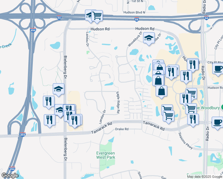 map of restaurants, bars, coffee shops, grocery stores, and more near 553 Eagle Ridge Road in Saint Paul