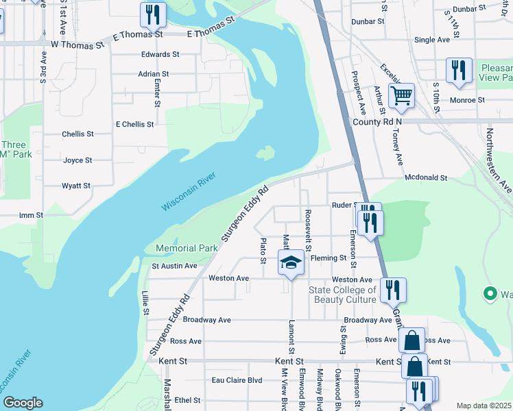 map of restaurants, bars, coffee shops, grocery stores, and more near 422 Sturgeon Eddy Road in Wausau