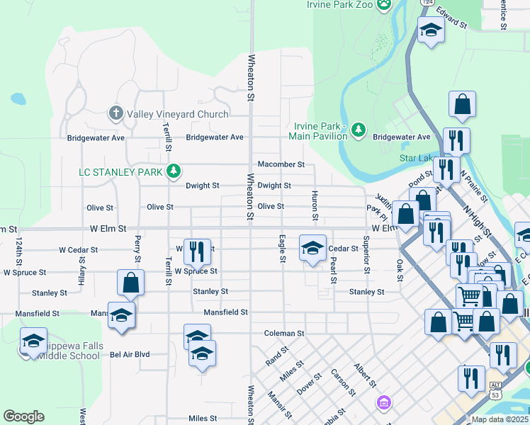 map of restaurants, bars, coffee shops, grocery stores, and more near 421 Olive St in Chippewa Falls