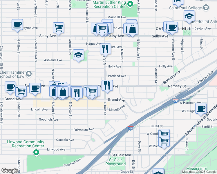 map of restaurants, bars, coffee shops, grocery stores, and more near 610 Summit Ave in St Paul