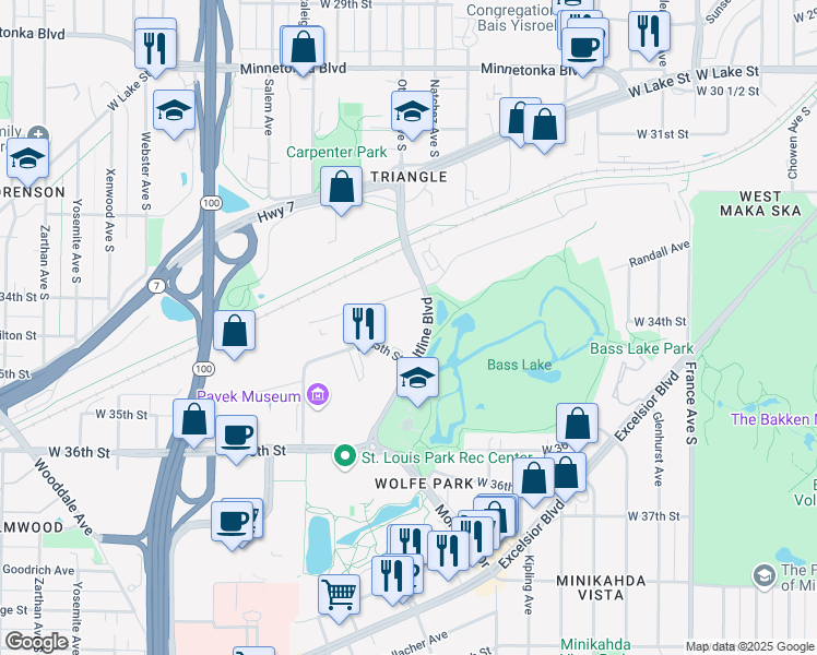 map of restaurants, bars, coffee shops, grocery stores, and more near 4838 W 35th St in Minneapolis