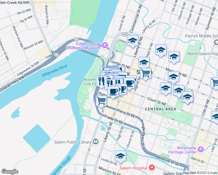 map of restaurants, bars, coffee shops, grocery stores, and more near 179 Commercial Street Northeast in Salem
