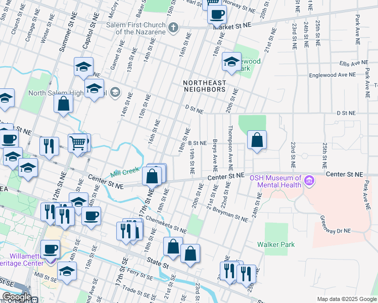 map of restaurants, bars, coffee shops, grocery stores, and more near 1870 B Street Northeast in Salem