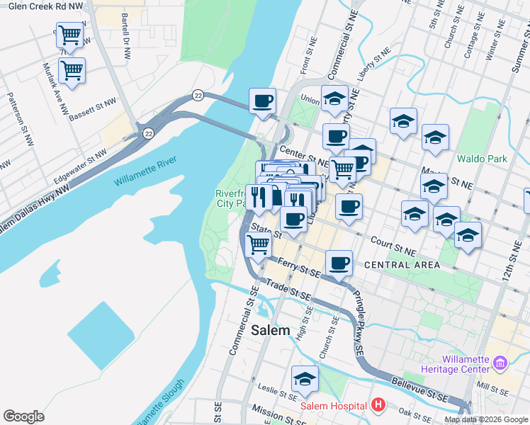 map of restaurants, bars, coffee shops, grocery stores, and more near 280 Court Street Northeast in Salem