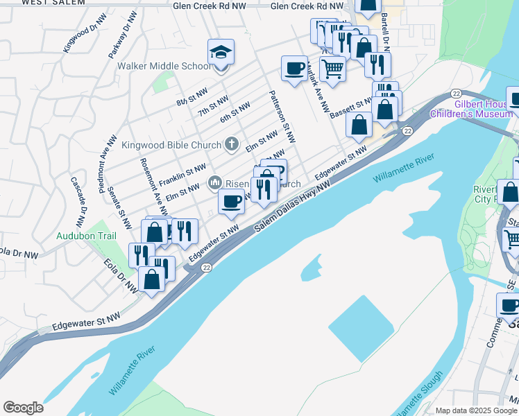 map of restaurants, bars, coffee shops, grocery stores, and more near 1115 Edgewater Street Northwest in Salem