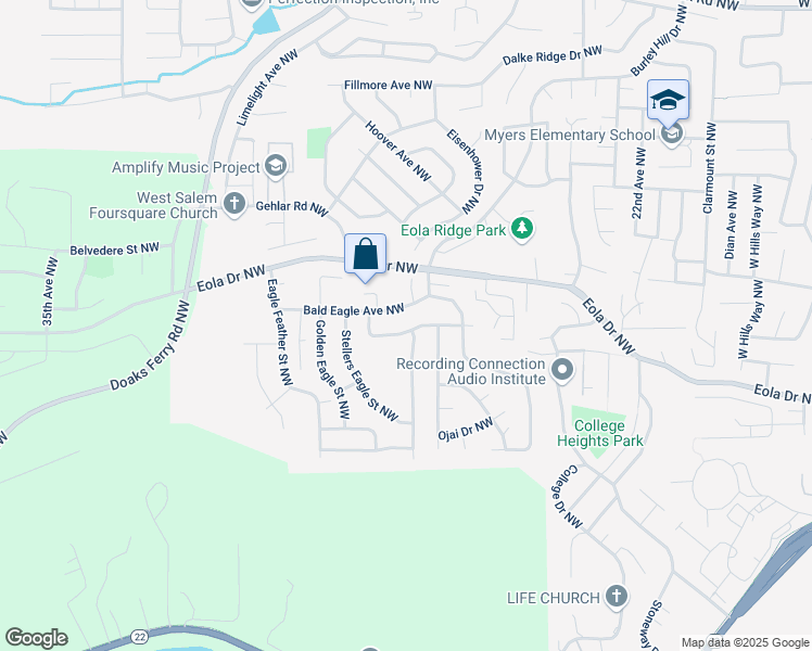map of restaurants, bars, coffee shops, grocery stores, and more near 2717 Arroyo Ridge Drive Northwest in Salem
