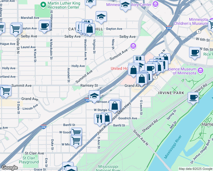 map of restaurants, bars, coffee shops, grocery stores, and more near 350 Grand Avenue in Saint Paul