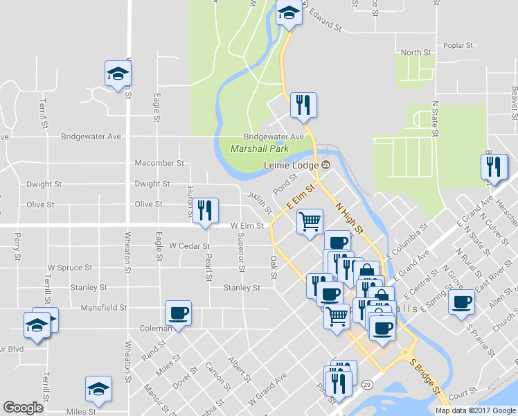 map of restaurants, bars, coffee shops, grocery stores, and more near 15 Park Place in Chippewa Falls