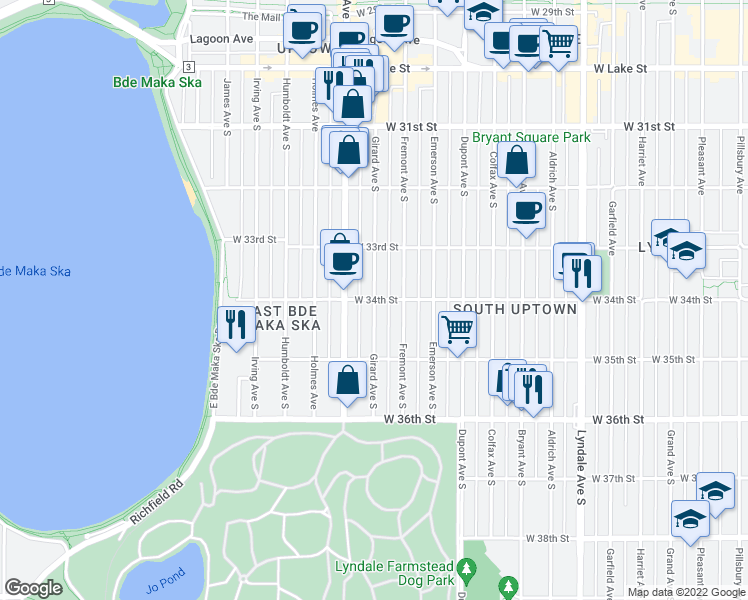 map of restaurants, bars, coffee shops, grocery stores, and more near Girard Ave S & W 34th St in Minneapolis