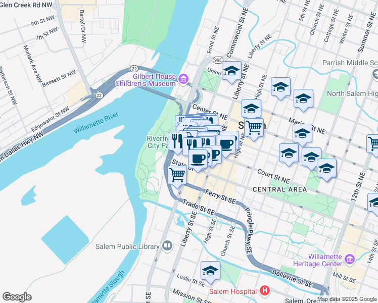 map of restaurants, bars, coffee shops, grocery stores, and more near 179 Commercial Street Northeast in Salem