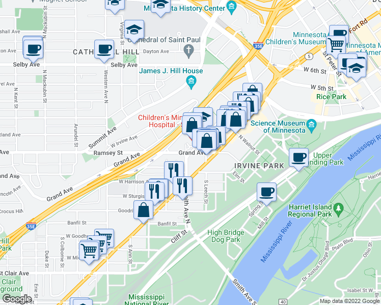 map of restaurants, bars, coffee shops, grocery stores, and more near Smith Ave S & Grand Ave in St Paul