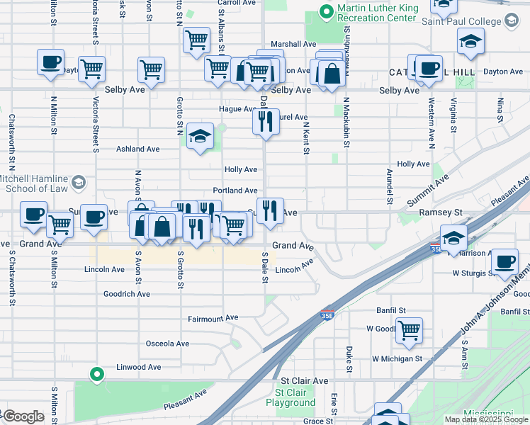 map of restaurants, bars, coffee shops, grocery stores, and more near Summit Ave & S Dale St in St Paul