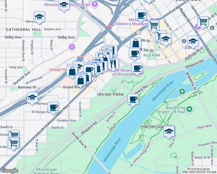 map of restaurants, bars, coffee shops, grocery stores, and more near 251 North Walnut Street in Saint Paul