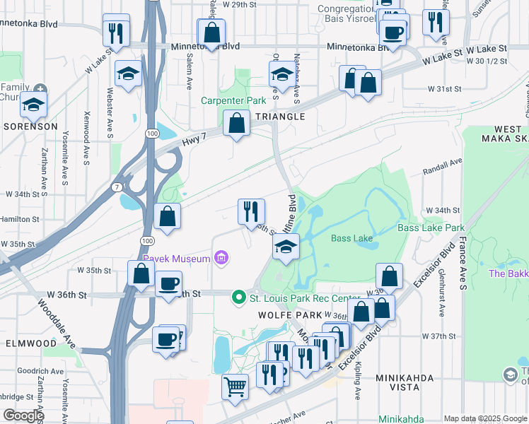 map of restaurants, bars, coffee shops, grocery stores, and more near 4838 West 35th Street in Minneapolis