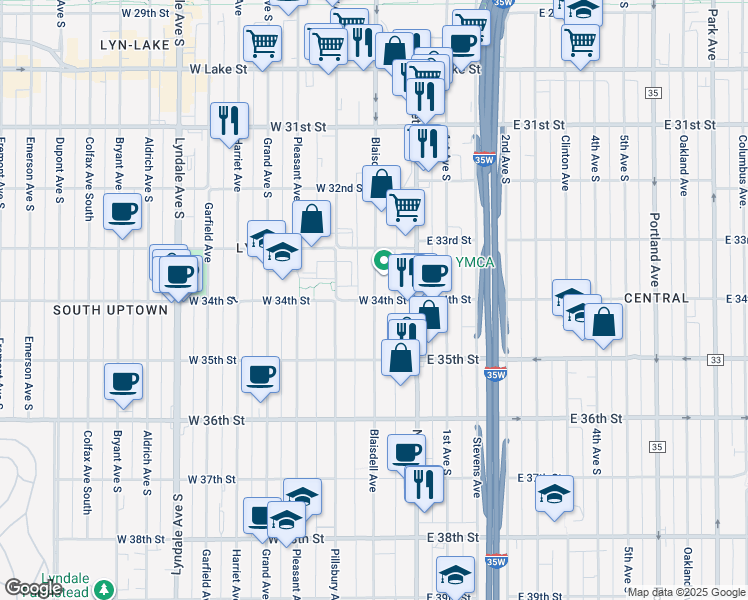map of restaurants, bars, coffee shops, grocery stores, and more near Blaisdell Avenue in Minneapolis